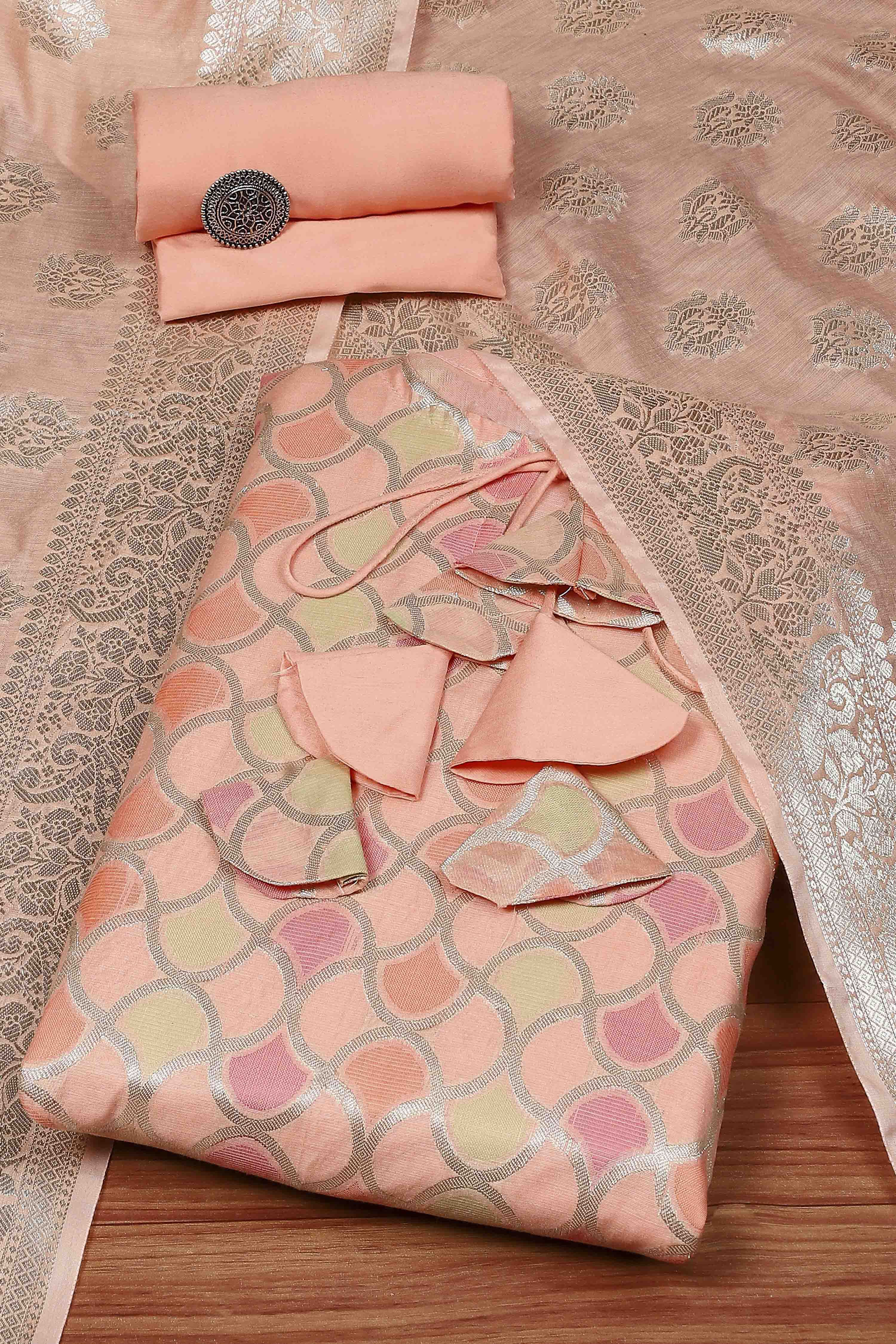 Peach Chanderi Blend Banarasi Unstitched Suit Set image number 0