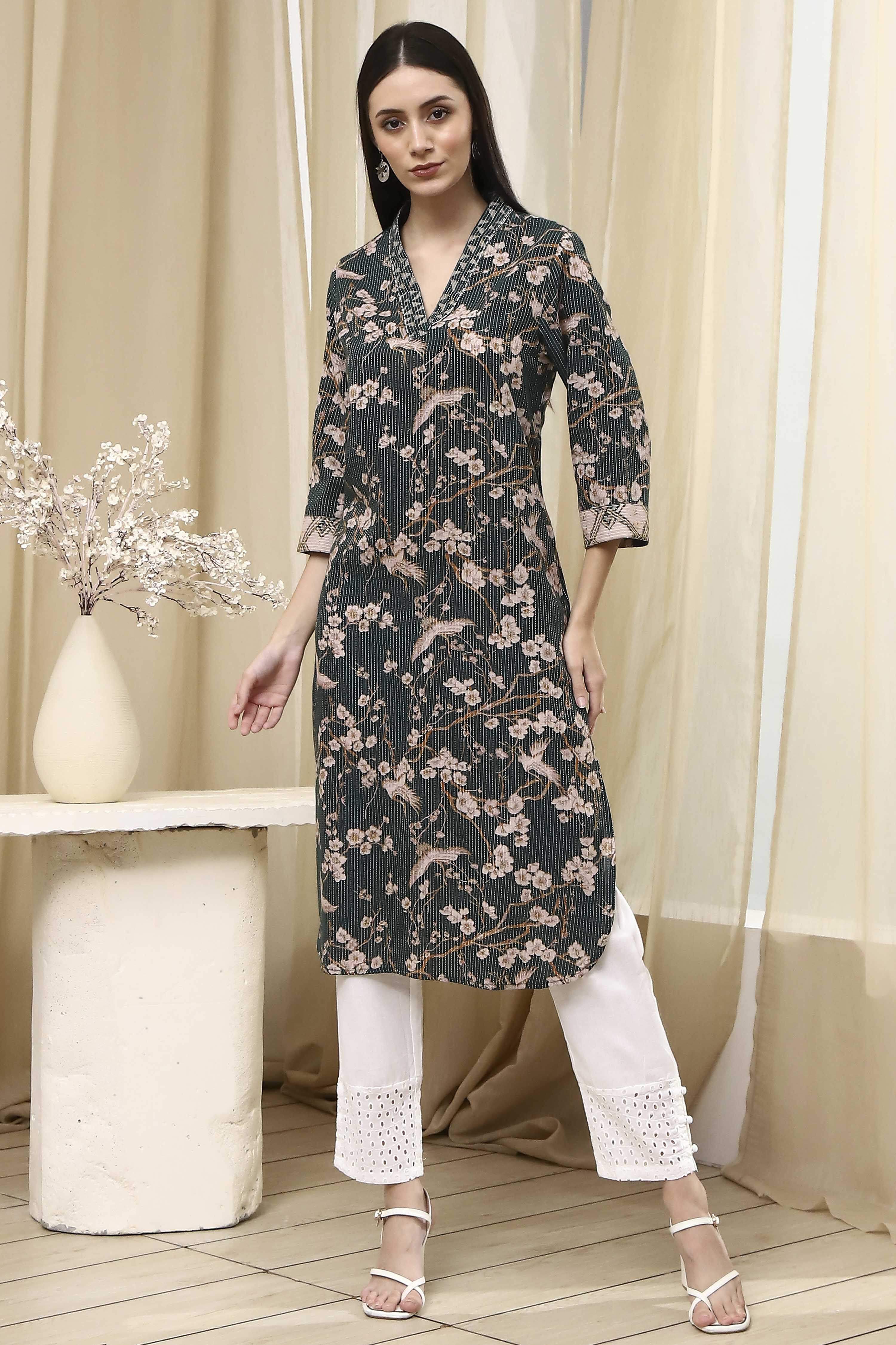 Mustard Yellow Cotton Printed Straight Kurta image number 5