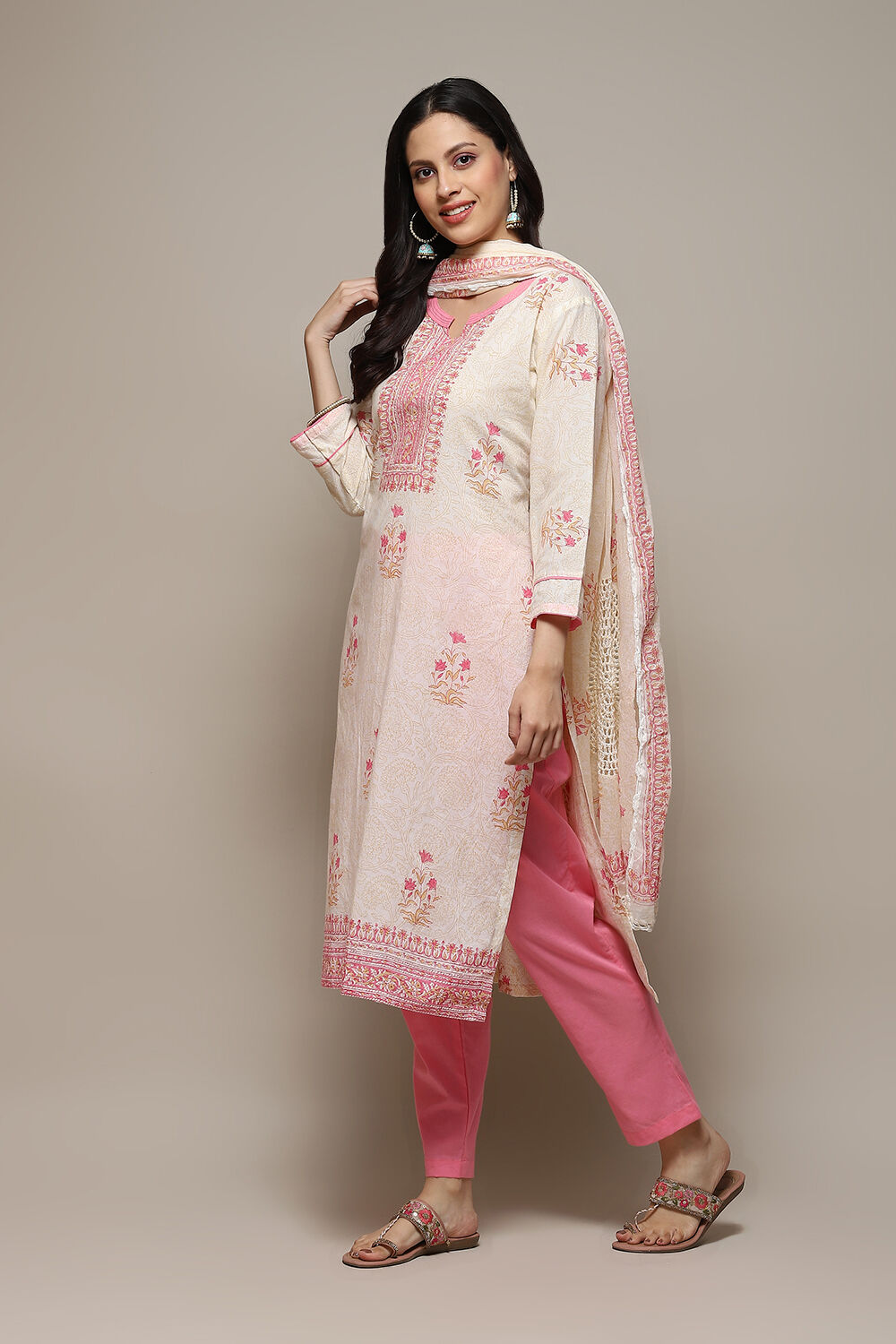 Pink Cotton Hand Embroidered Unstitched Suit Set image number 6
