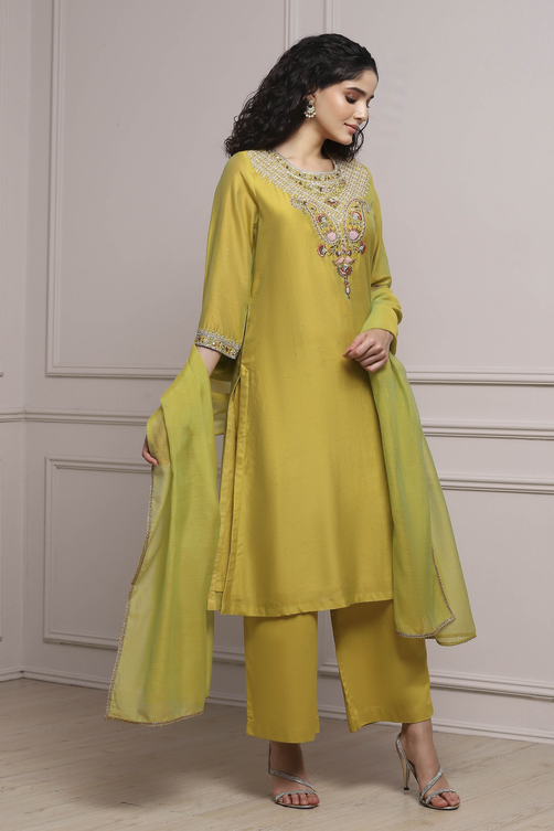 Lime Green Chanderi Straight Dyed Suit Set image number 7