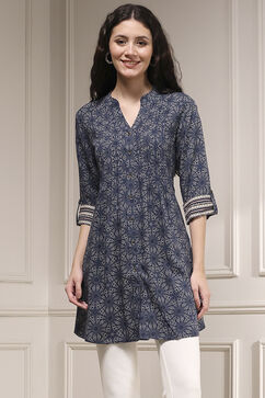Blue Printed Relaxed Fit Short Kurta image number 5