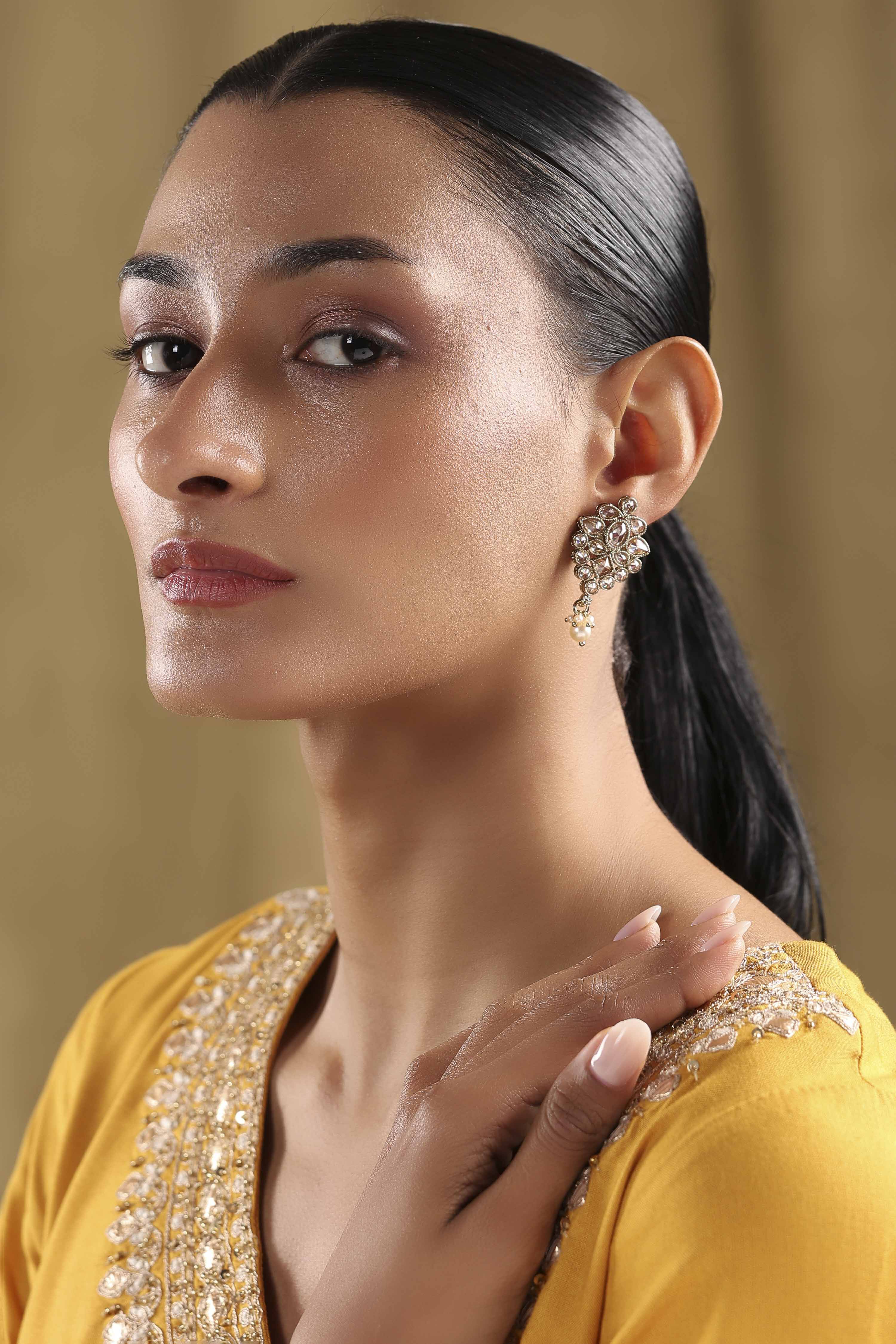 Champagne Gold Plated Alloy Studded Drop Earrings image number 3
