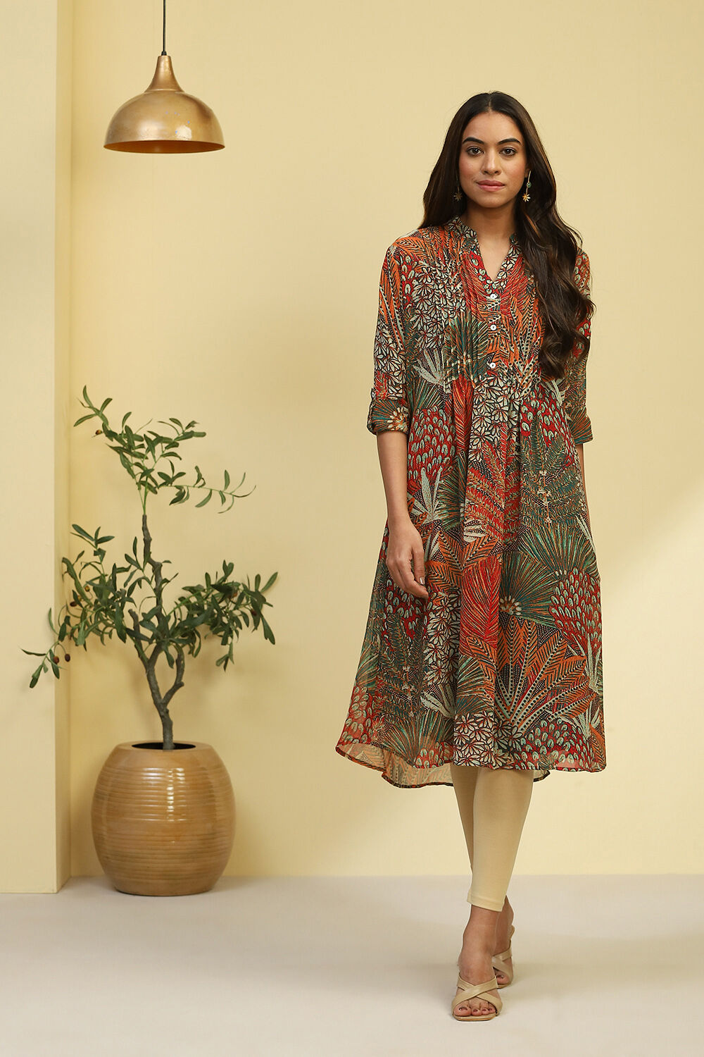 Multi coloured Georgette Printed Pleated Kurta at Biba India