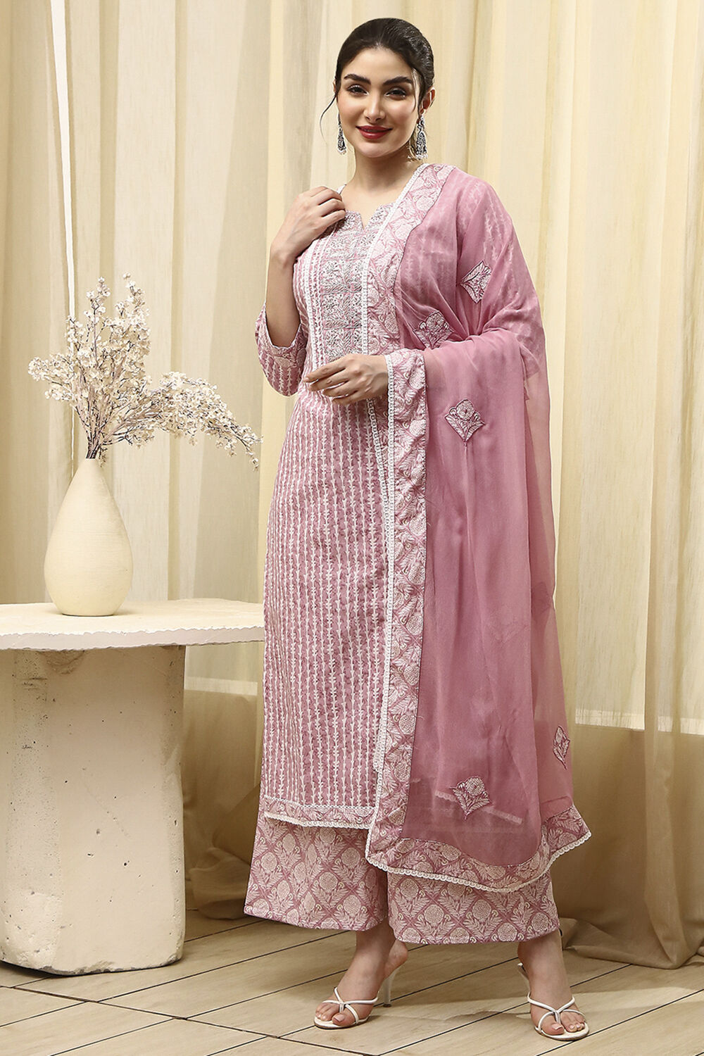 Grey Cotton Printed Unstitched Suit Set image number 4
