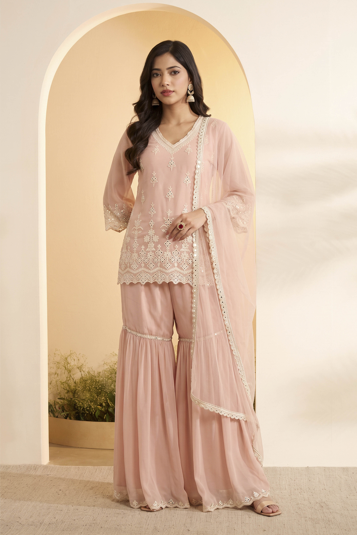 Blush Pink Embroidered Sharara Set with Net Dupatta