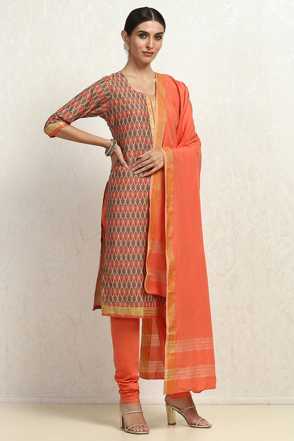 Grey Cotton Handloom Unstitched Suit Set image number 6