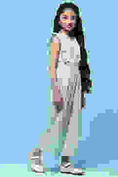 Blue Printed Cotton Jumpsuit With Lace Details image number 4