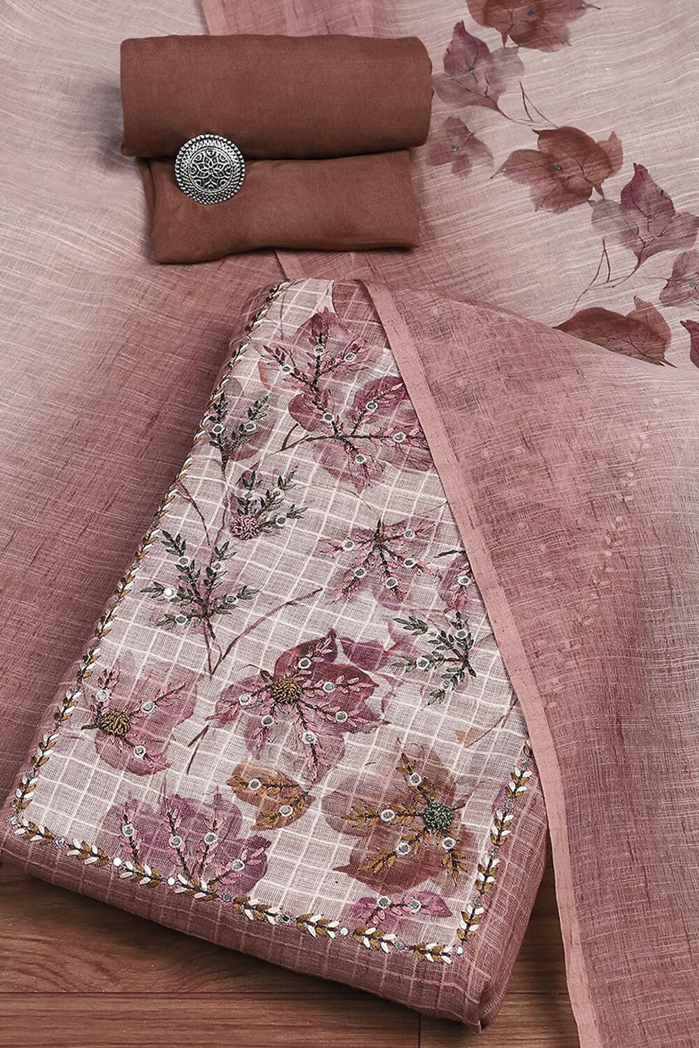 Lavender Linen Blend Hand Embroidered Unstitched Suit Set image number 0