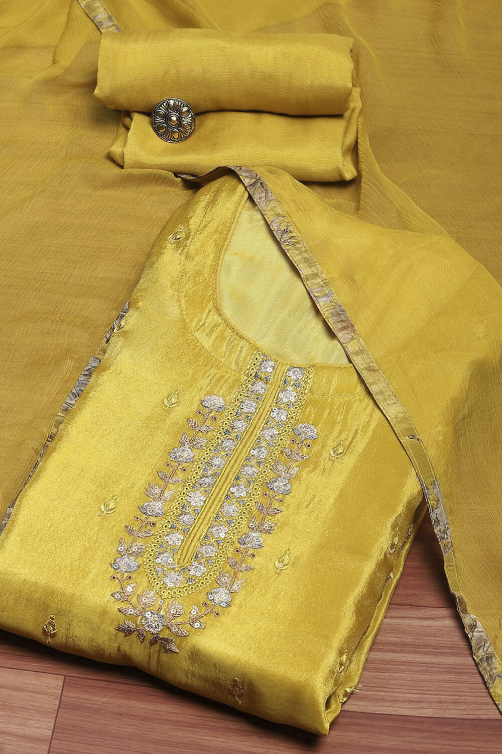 Lime Viscose Blend Embroidered Unstitched Suit Set image number 0