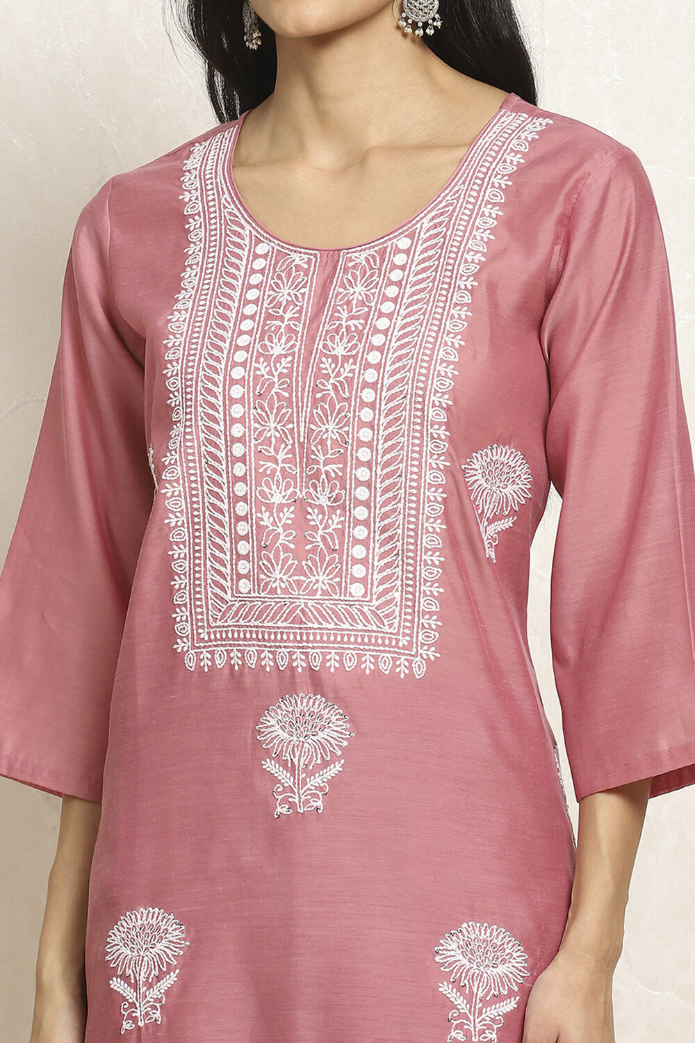 Peach Chanderi Machine Embroidered Unstitched Suit Set image number 2