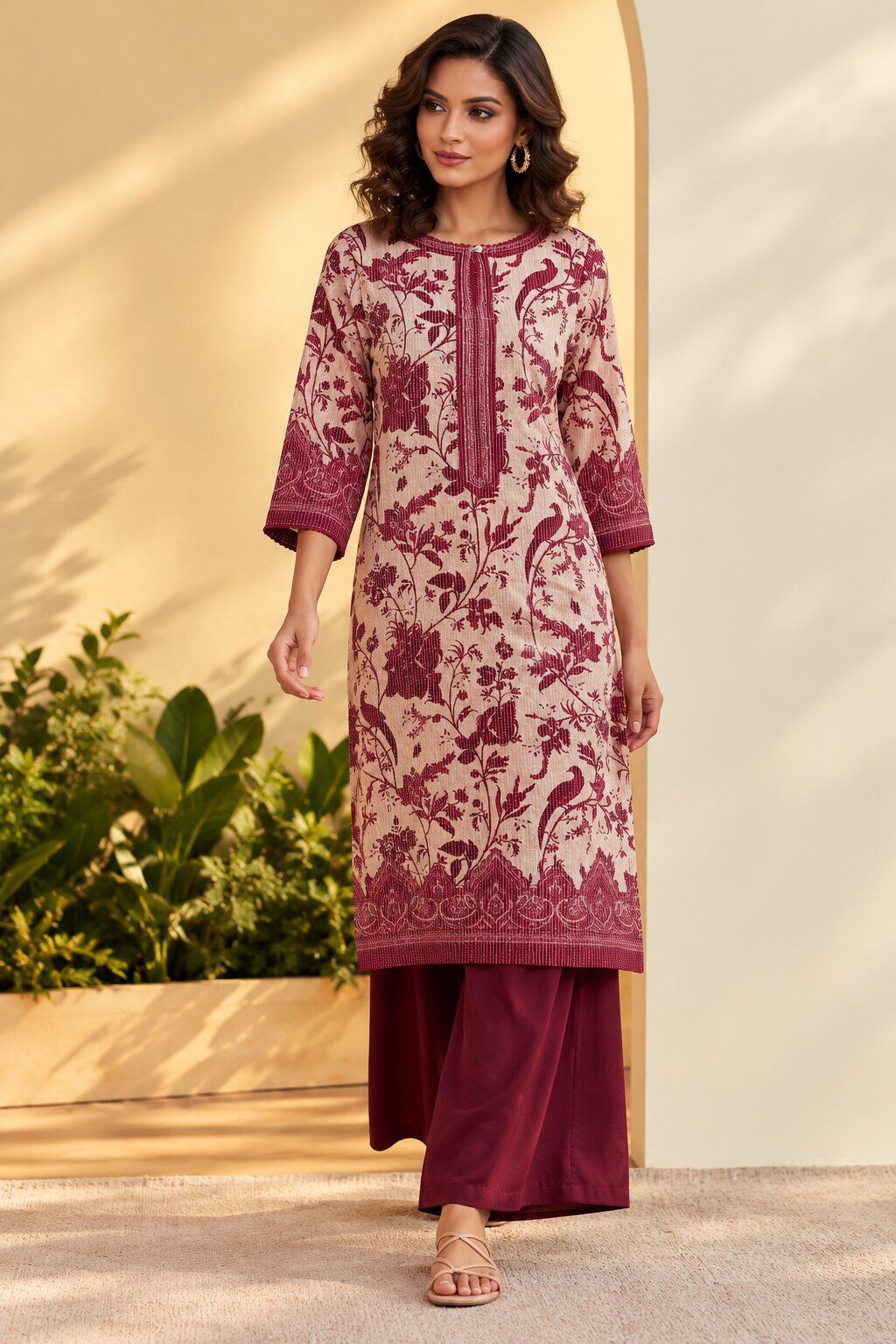 Berry Cotton Floral Printed Straight Kurta image number 0