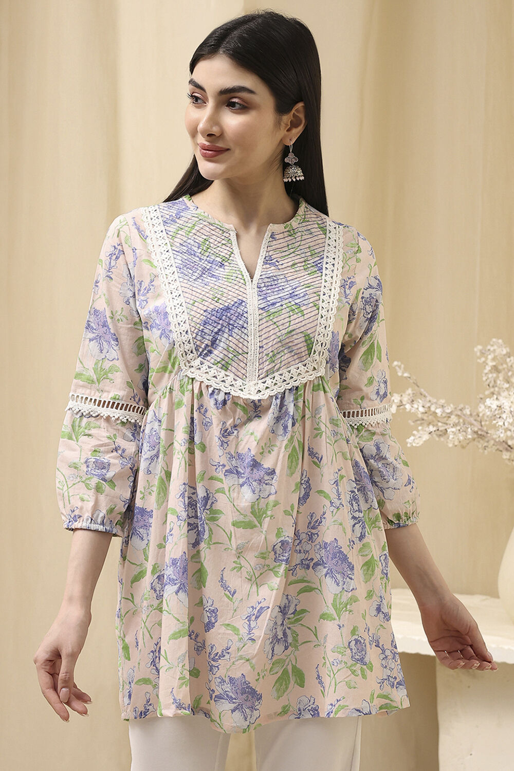 Earthy Blue Cotton Floral Flared Short Kurta image number 4