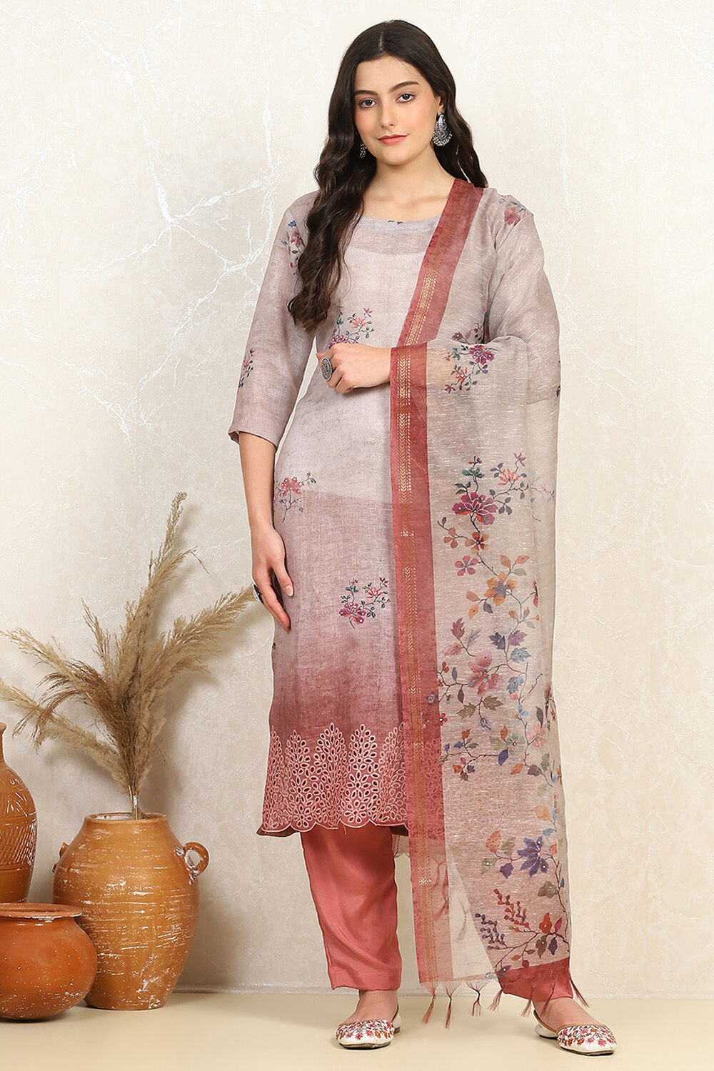 Rust Linen Printed Unstitched Suit Set image number 7