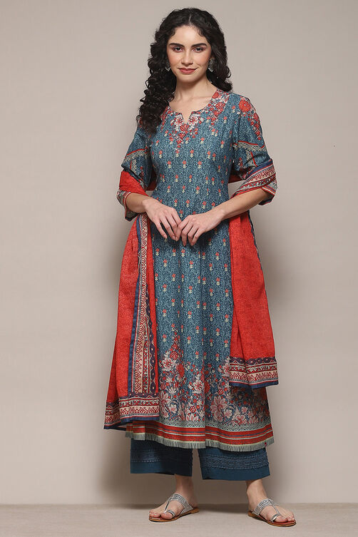 Red Cambric Kalidar Printed Kurta Palazzo Suit Set image number 7