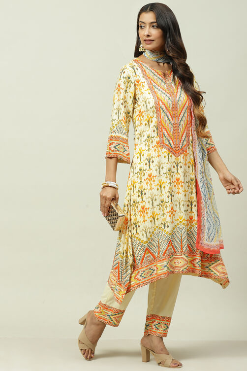 Pale Yellow Rayon Asymmetric Kurta Regular Pant Suit Set image number 5