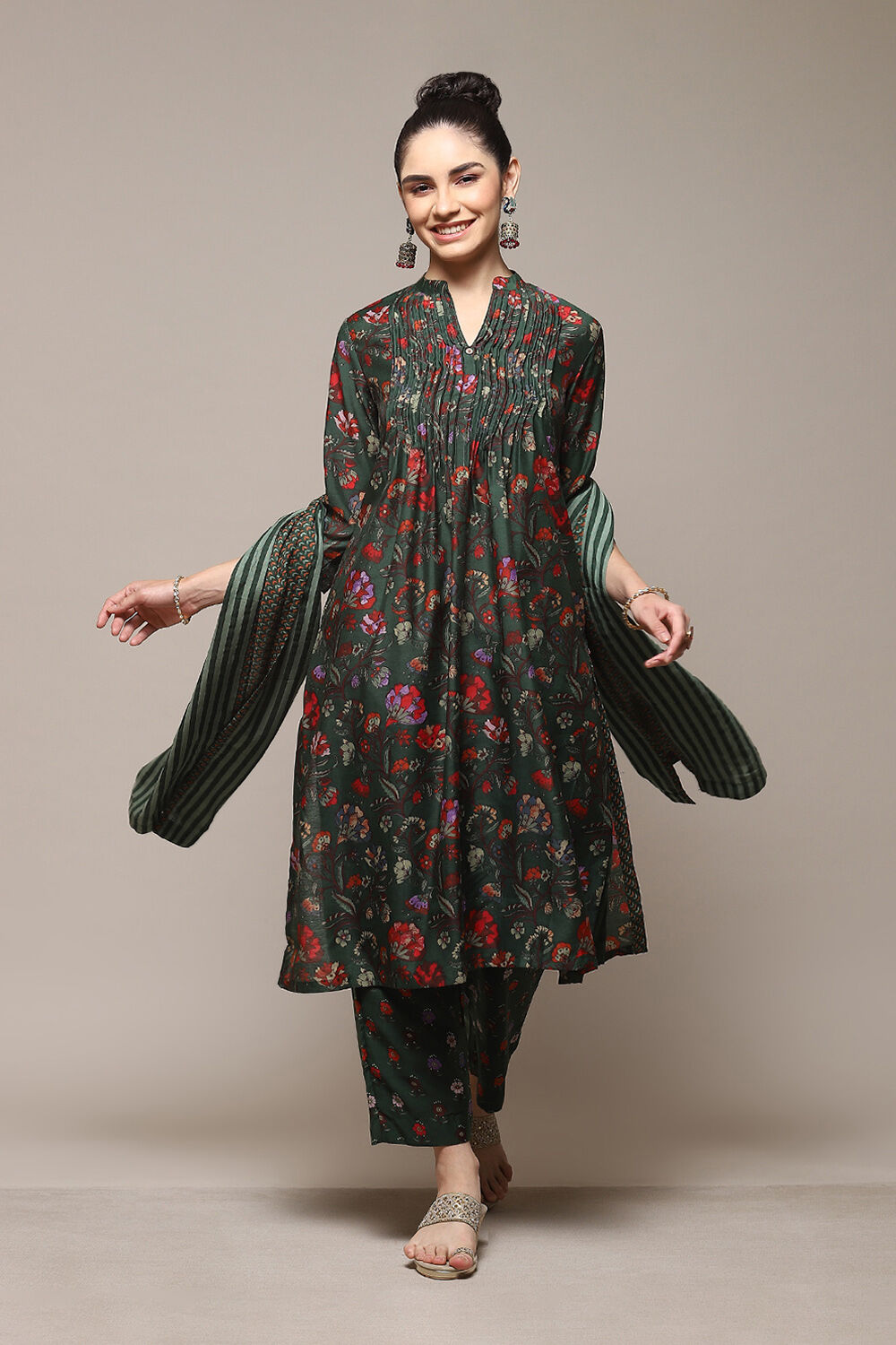 Green Poly Cotton Layered Kurta Narrow Palazzo Suit Set