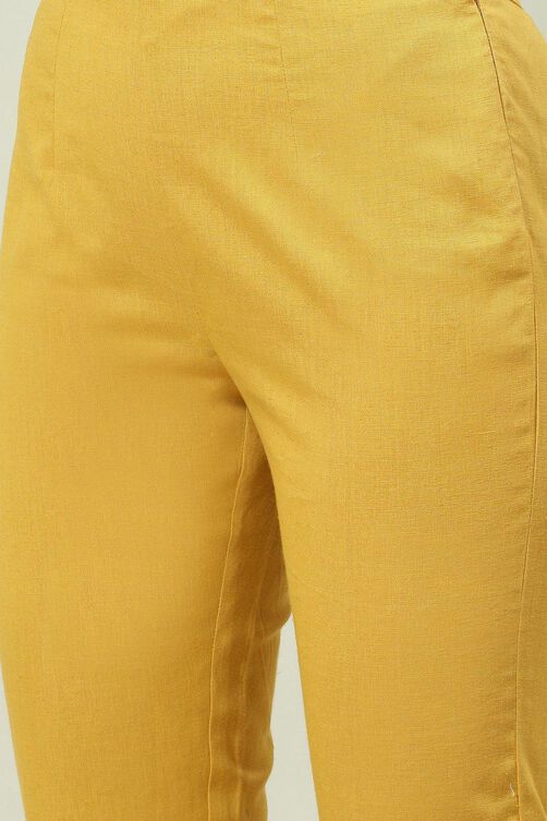 Yellow Solid Asymmetric Kurta Slim Pant Suit Set image number 2