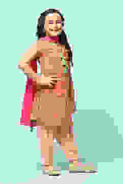 Peach Cotton Straight Printed Kurta Salwar Suit Set image number 7