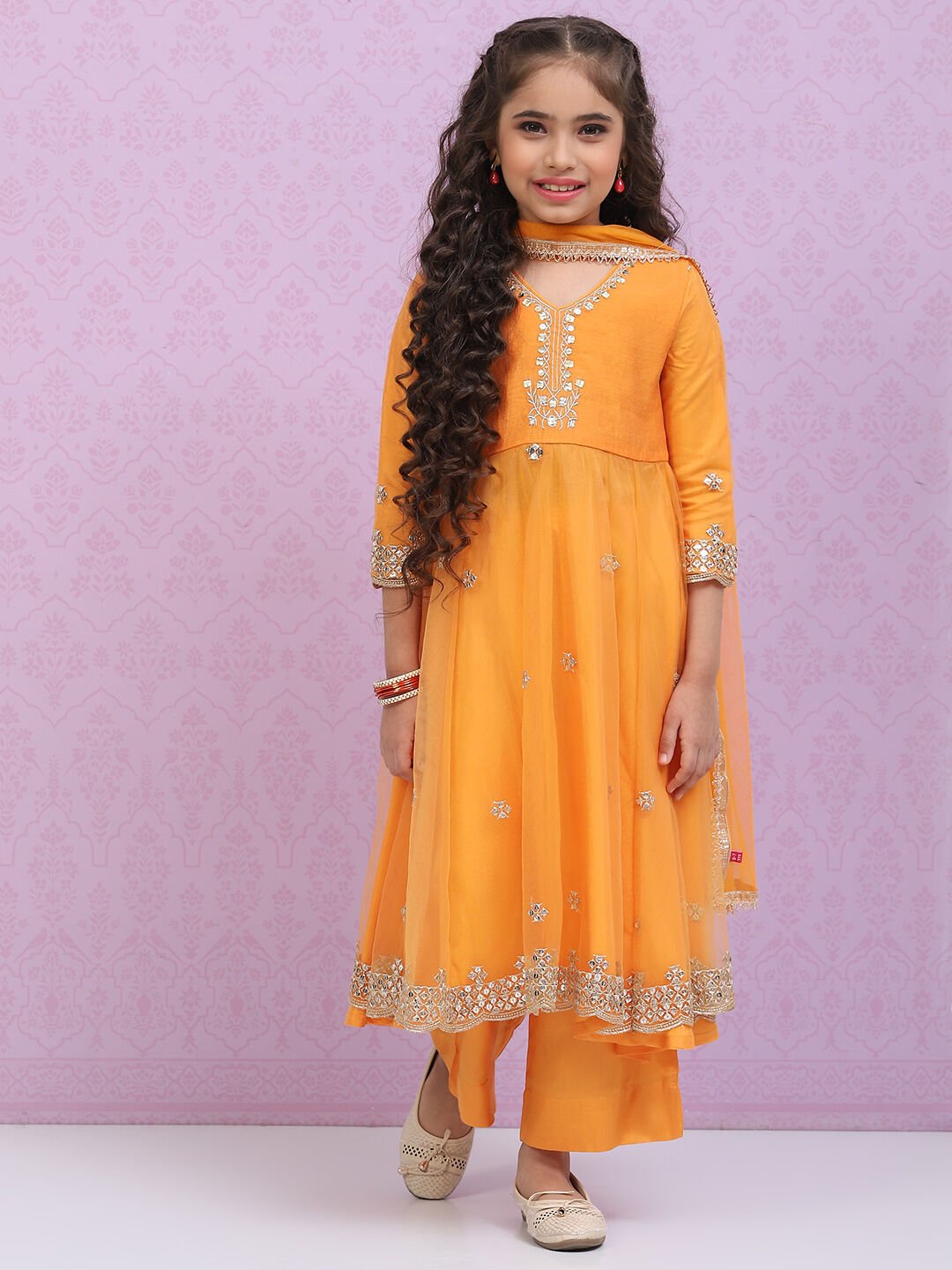 Orange Art Silk A Line Straight Kurta Palazzo Suit Set