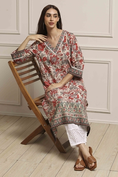 Off White Cotton Straight Printed Kurta image number 5