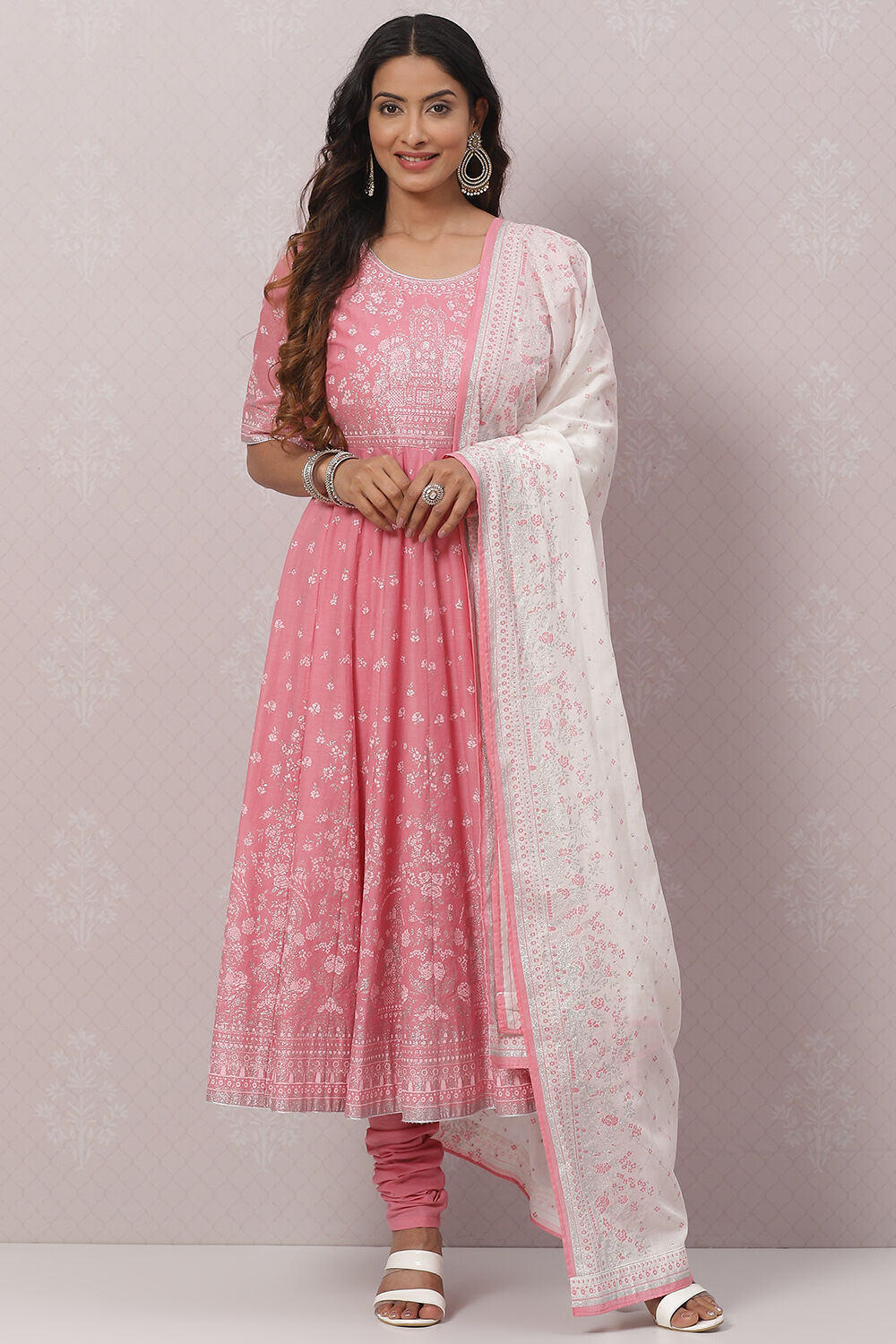Pink Cotton Anarkali Kurta Churidar Suit Set