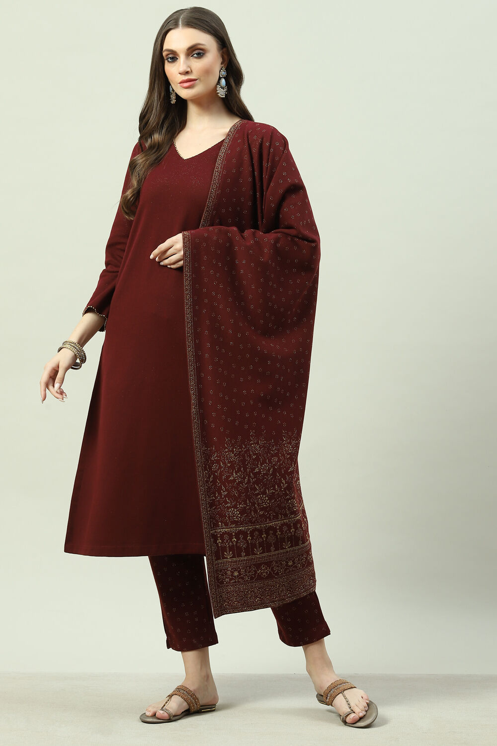 Maroon Acrylic Straight Suit Set image number 0