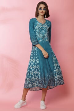 Turquoise Rayon A-Line Printed Dress image number 5