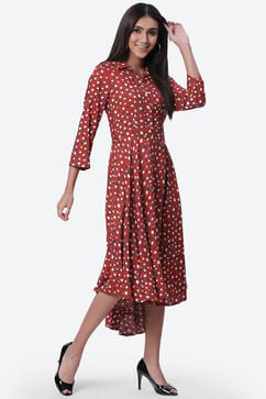 Rust Rayon Flared Printed Dress image number 3