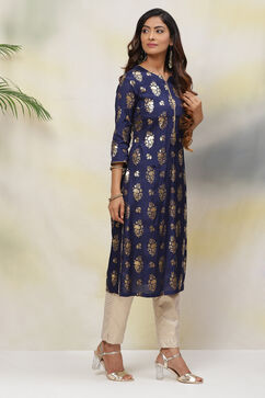 Navy Blue Straight Viscose Kurta image number 4