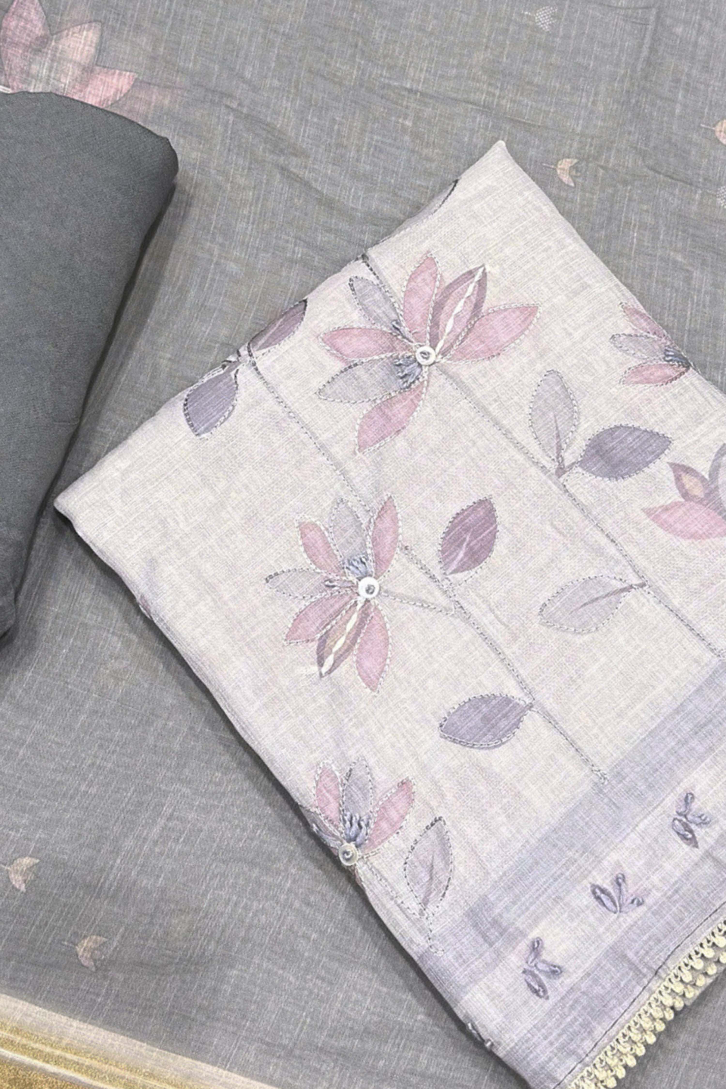 Peach Linen Printed Unstitched Suit Set image number 1