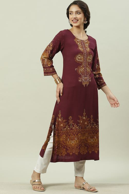 Wine LIVA Straight Printed Kurta image number 2