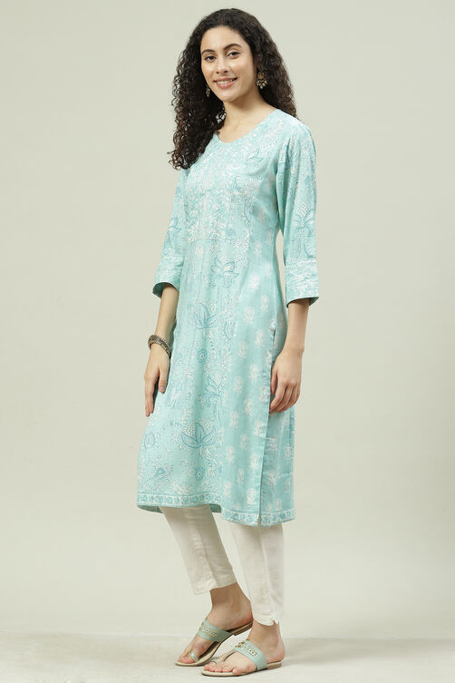 Turquoise Rayon Straight Printed Kurta image number 2