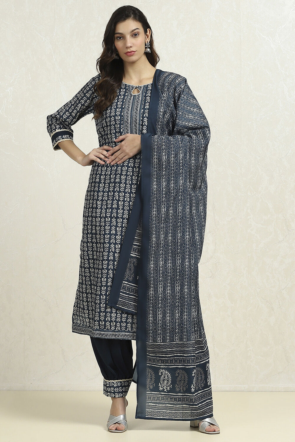 Red Cotton Blend Printed Unstitched Suit Set image number 1