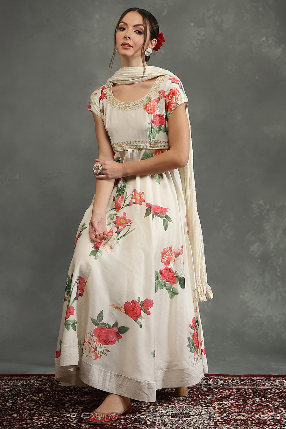 Cream-Colored Silk Chanderi Floral Printed Anarkali Suit Set