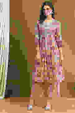 Beige Cotton Floral Printed Gathered A-Line Kurta Set image number 6