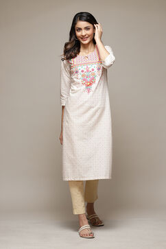Cream Cotton Straight Printed Kurta image number 5