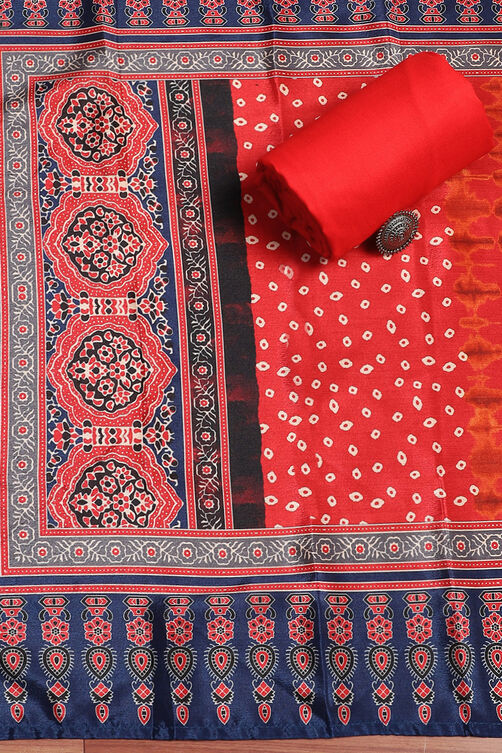 Blue and Red Chanderi Embroidered Unstitched Suit Set image number 4