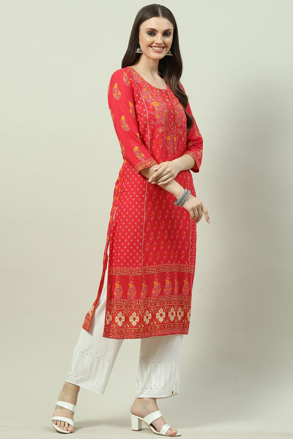 Mustard LIVA Straight Printed Kurta image number 2