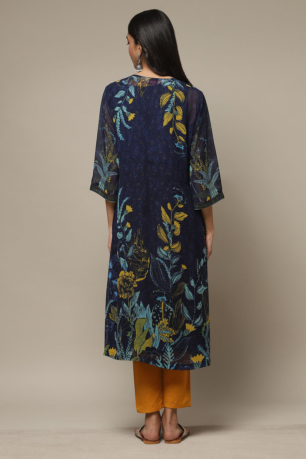 Navy Cotton Blend Straight Printed Kurta image number 3