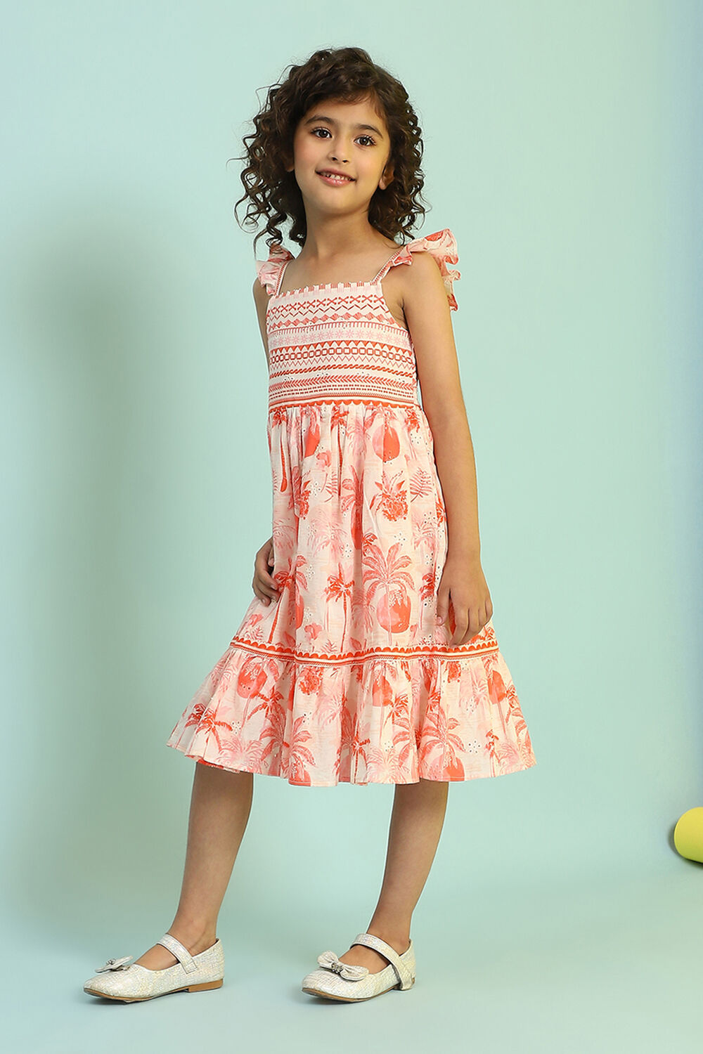 White and Orange Cotton Schiffli Tiered Dress image number 2