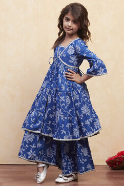 Blue Cotton Printed Tiered Kurta Set image number 3