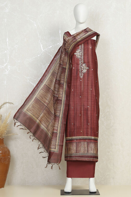 Wine Silk Blend Printed Embroidered Unstitched Suit Set image number 4