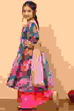 Teal and Pink Floral Printed Flared Festive Suit Set image number 3