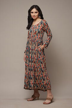 Beige & Brown Cotton Blend Flared Printed Dress image number 3