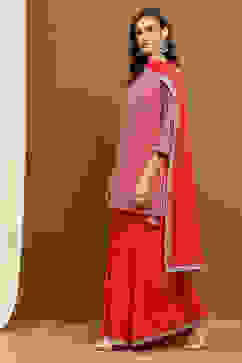 Coral Red Viscose Georgette Festive Straight Suit Set image number 3