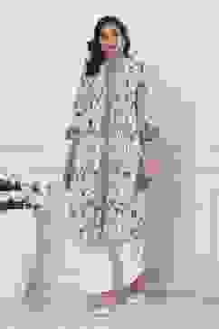 White and Blue Cotton Printed Pleated Straight Kurta image number 5