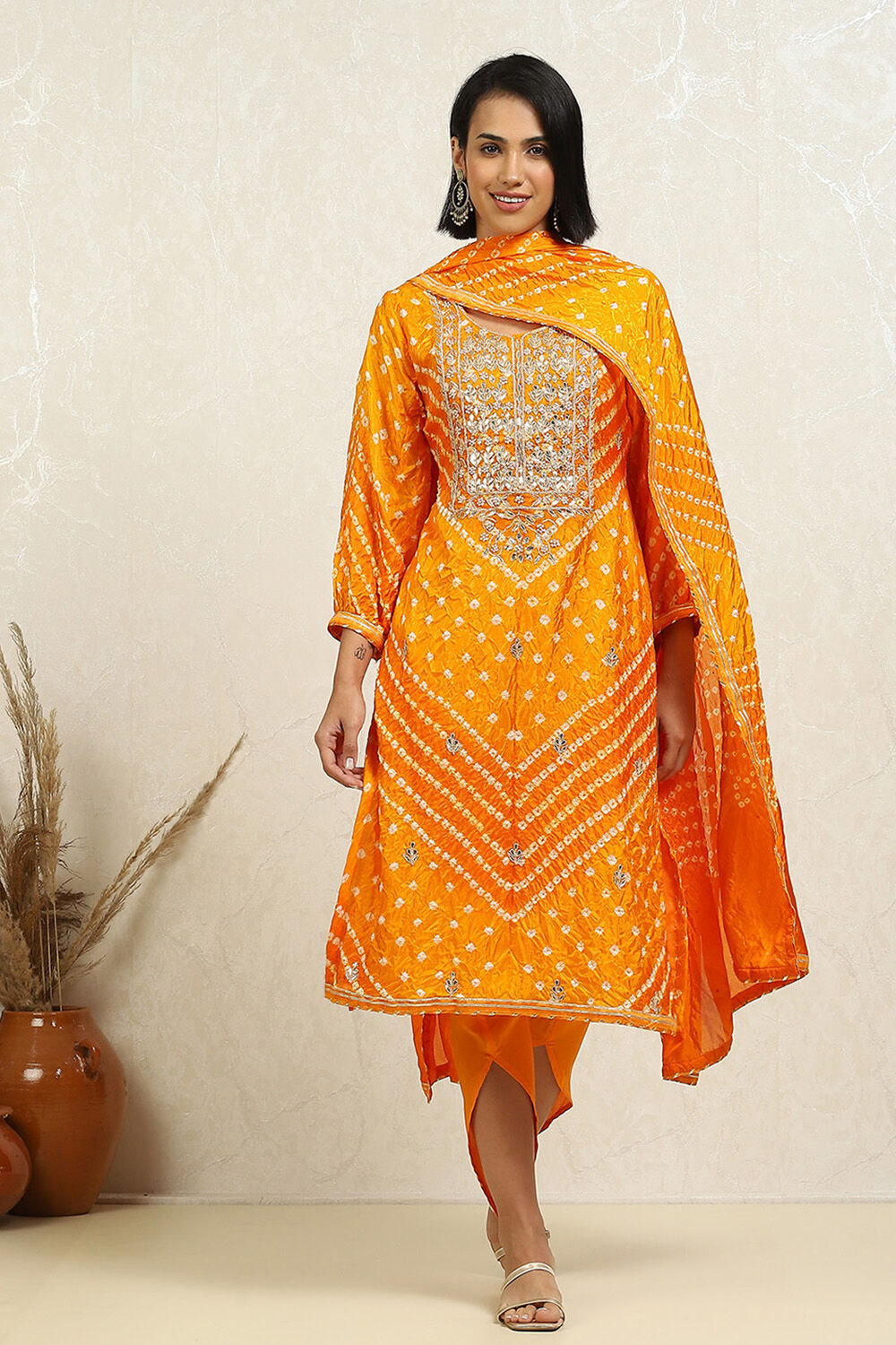 Orange Silk Blend Bandhej Crinkled Unstitched Suit Set image number 1