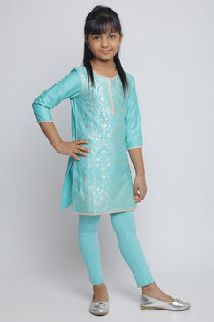 Turquoise Cotton Straight Kurta Legging Suit Set image number 4