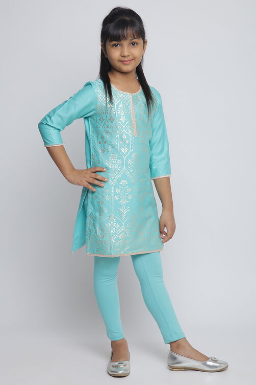 Turquoise Cotton Straight Kurta Legging Suit Set image number 4
