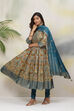 Teal Cotton Anarkali Kurta Churidar Suit Set image number 4